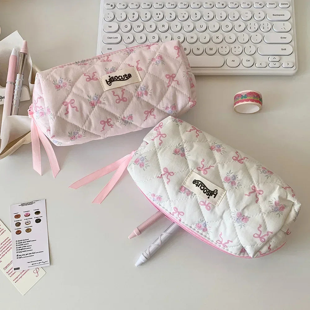 INS Korean Cute Sweetheart Bow Pencil Case Aesthetic Portable Girl Makeup Bag Pouch Stationery Organizer Kawaii School Supplies