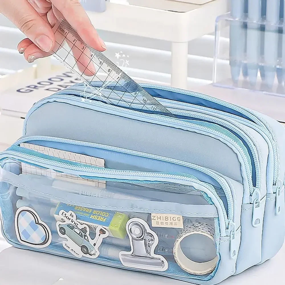 Pencil Case Large Capacity Schoolgirl Stationery Box Transparent Pocket Storage Pouch Stationery Bag Multifunctional Pencil Bags