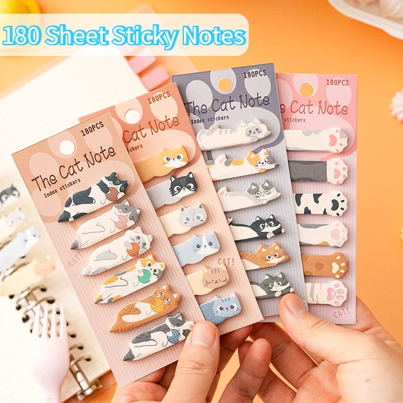 180Pcs Cartoon Cat Sticky Notes Page Markers Sticky Index Tabs Flags Writable Page Stickers Kawaii Book Markers Reading Notes