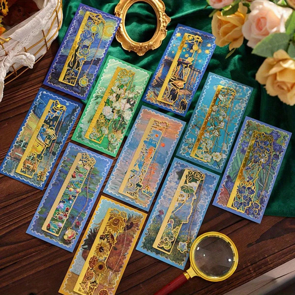 1pc Retro Alloy Floral Painting Ruler Van Gogh Monet Hollow Metal Ruler Design Bookmark, Gift Item Bookmark